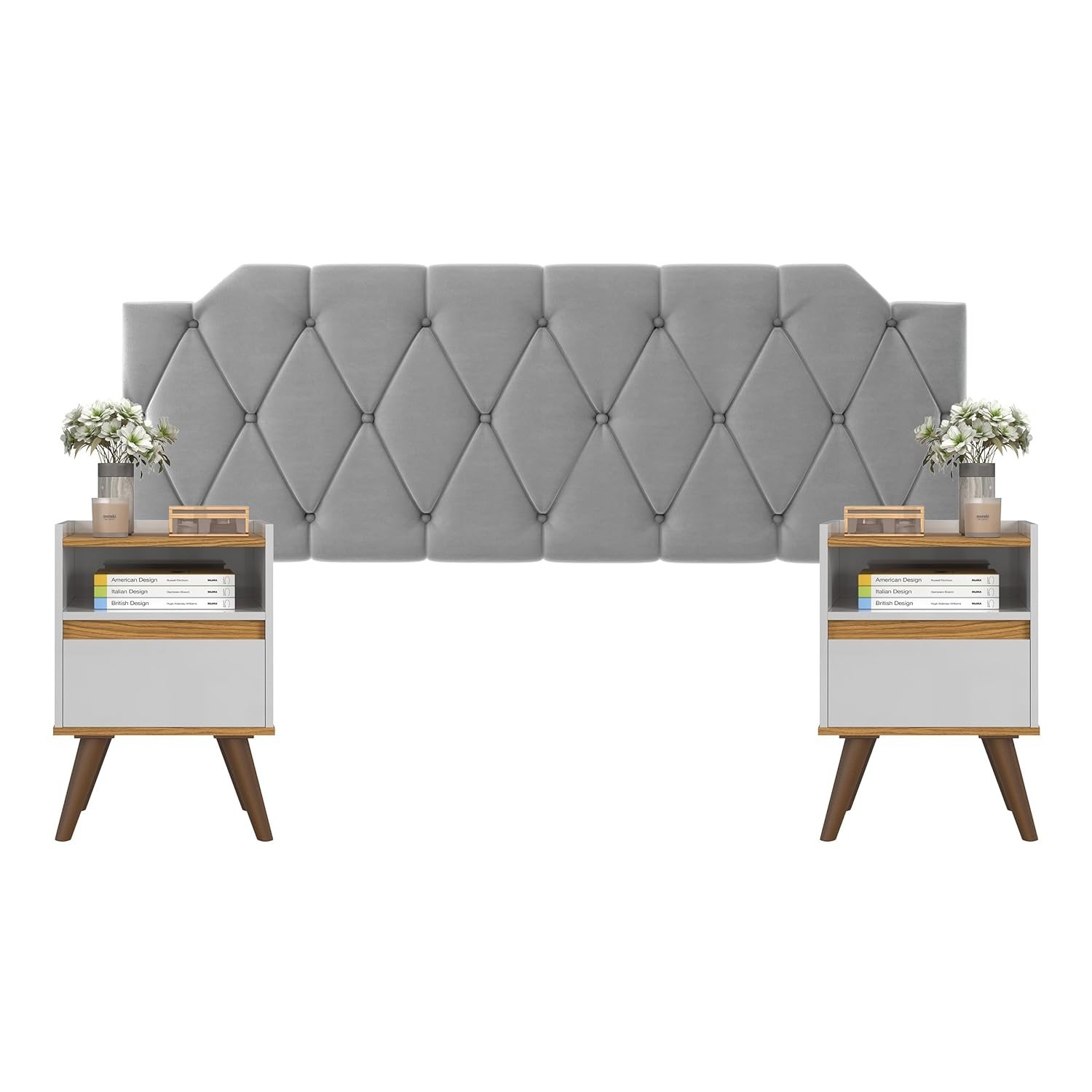 Conjunto Mesa de Cabeceira com Gaveta + Cabeceira Estofada para Cama Queen Size Cinza