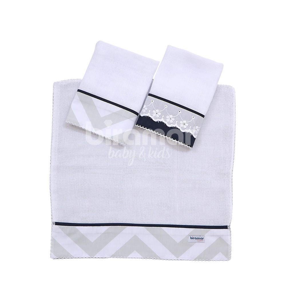 Conjunto Biramar Baby Boquinha Fralda 3 Peças Brooklyn Chevron Cinza/Marinho - Extra Absorvente com Crochê