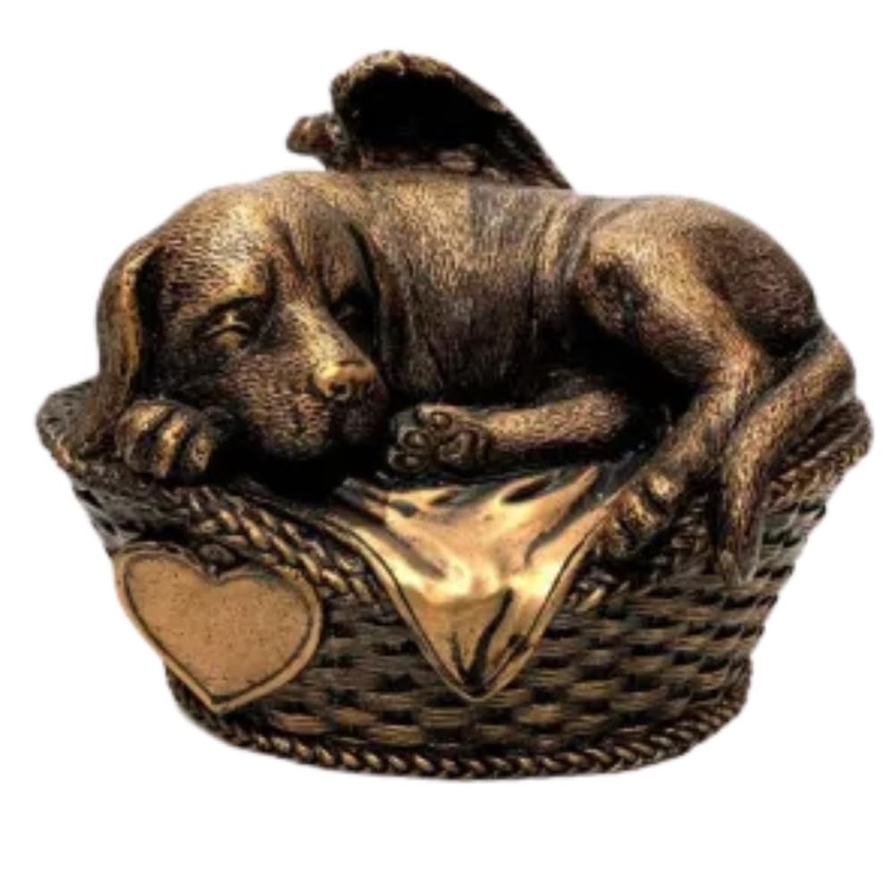Urna In Memorian Dog - Cachorro Anjo para Cinzas de Estimação com Acabamento Ouro Envelhecido