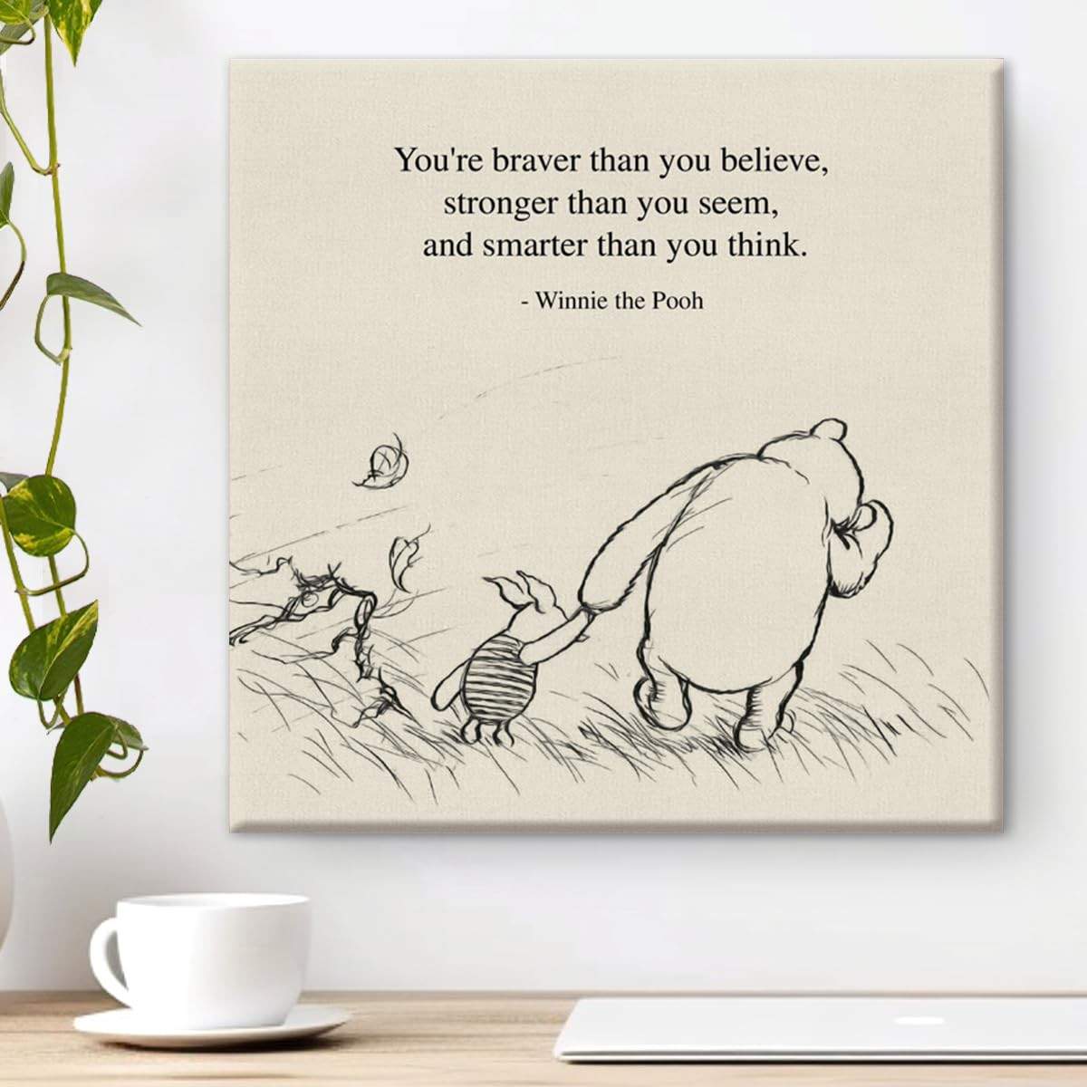 Pintura em Tela com Citação Motivacional - Urso Pooh Retro - 20x20cm - Arte Decorativa para Parede