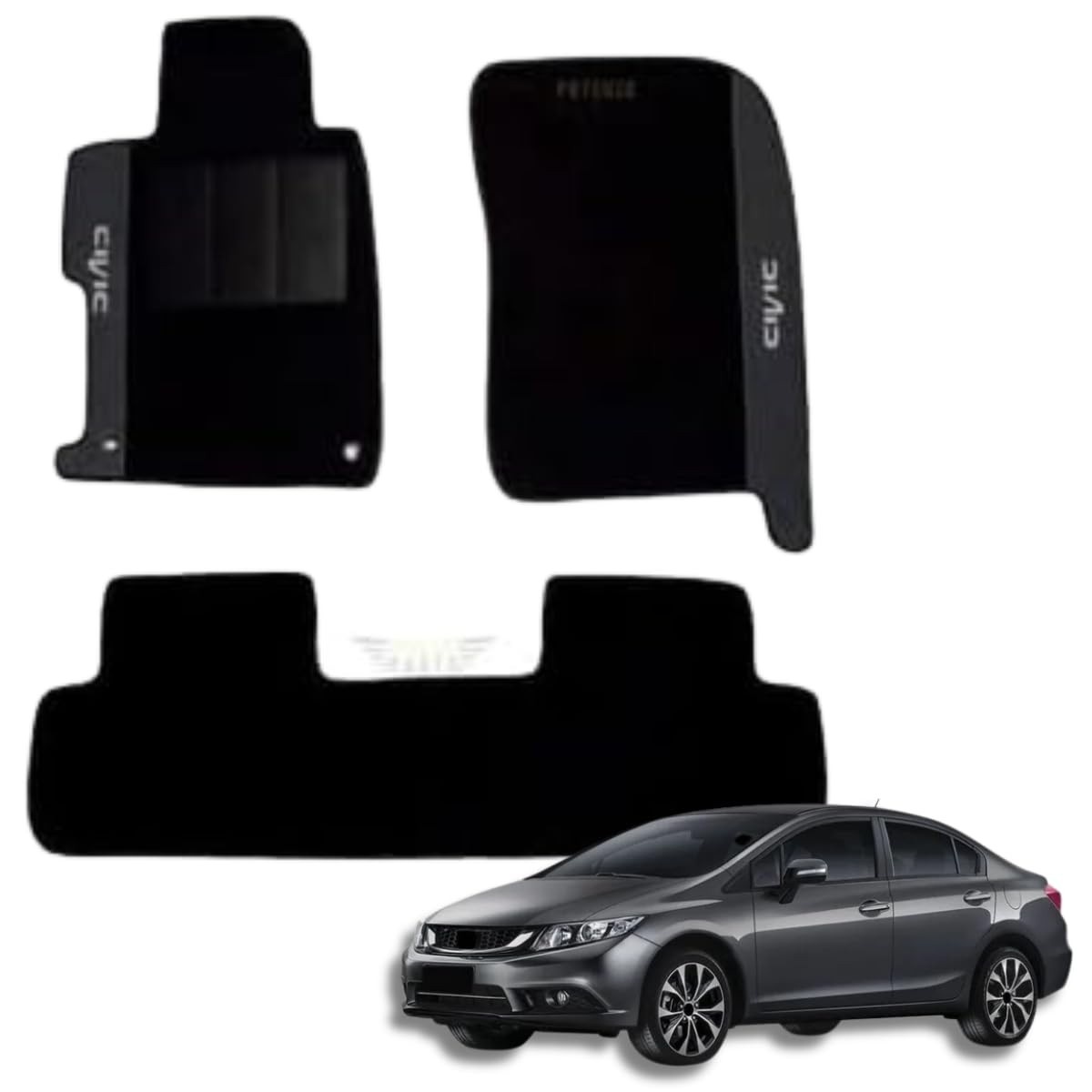 Tapete de Carpete Premium para Honda New Civic G9 (2013-2016) - 3 Peças Pretas