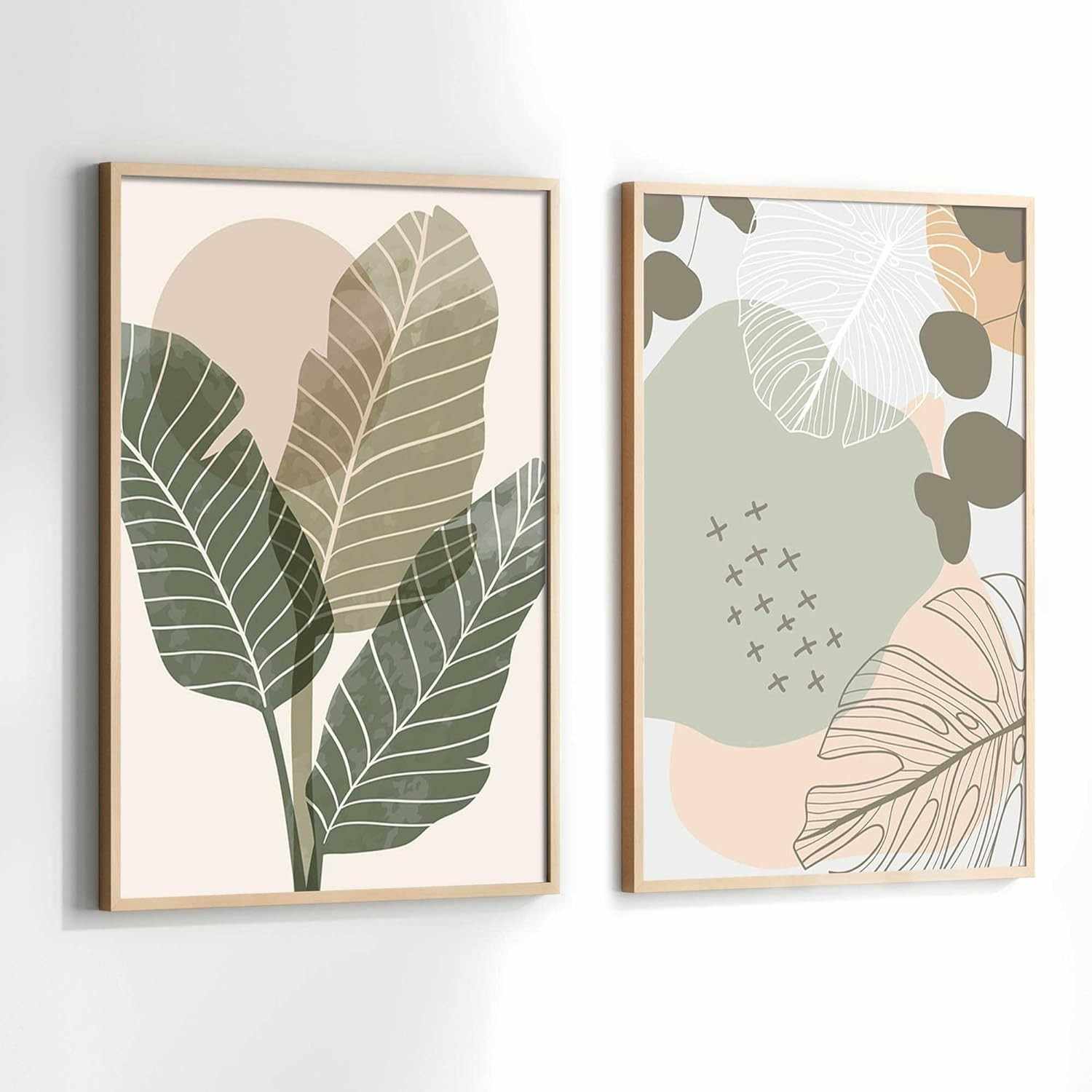 Quadros Decorativos com Moldura Folhas Clean Verde Rosa - Kit com 2 Peças 30x40cm
