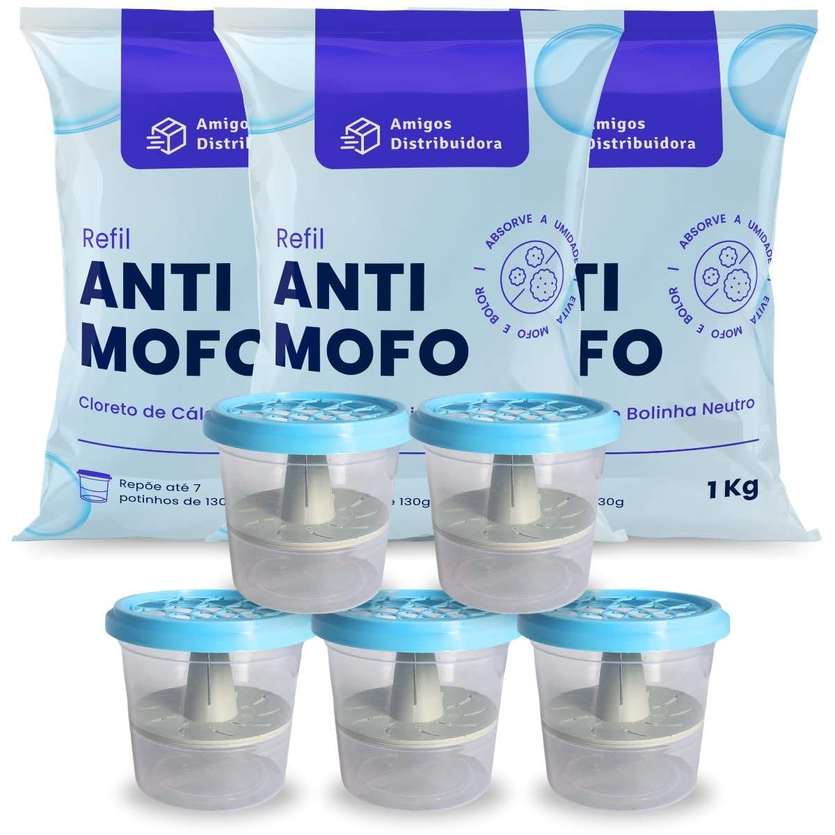 Cloreto de Cálcio Anti Mofo em Bolinhas 3kg + 5 Potes 130g GG - Proteção Total Contra Umidade e Fungos