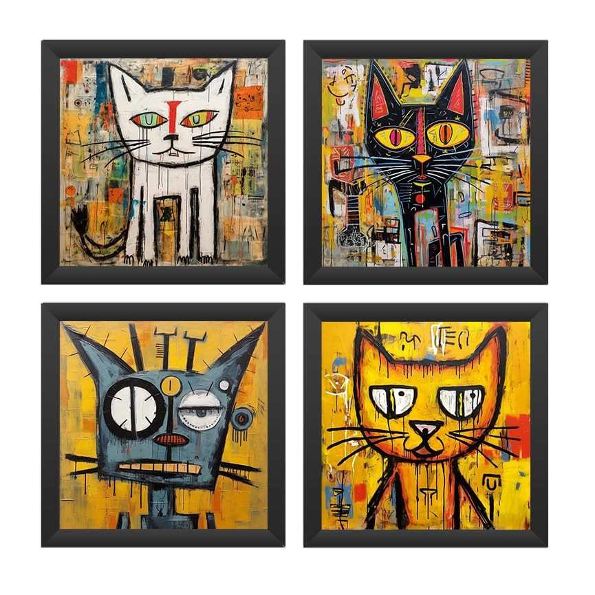 Kit 4 Quadros 18x18 cm Gatos Basquiat Arte Urbana com Moldura e Vidro