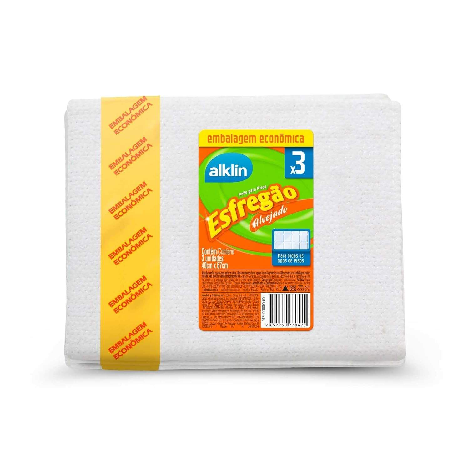 Pano de Chão Esfregão Alvejado 40x67 cm - 3 Unidades | Alklin Maciez e Resistência para Limpeza Eficiente