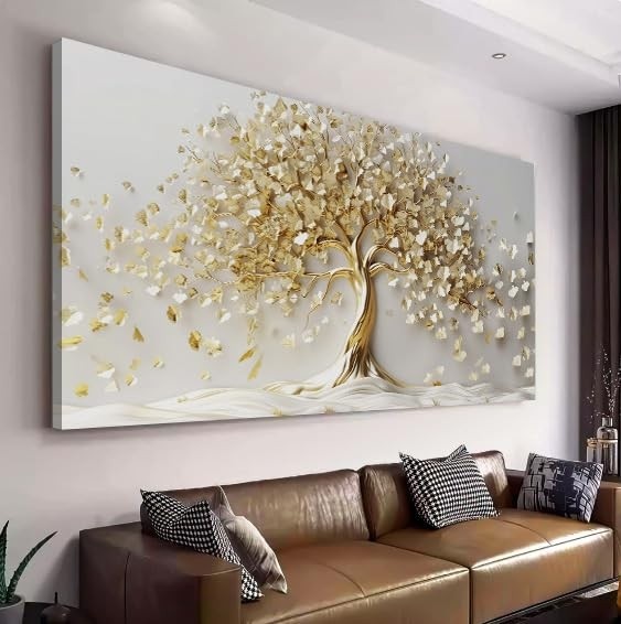 Quadro Decorativo Arvore da Vida Gold 150x75 cm - Estilo Abstrato Dourado para Sala, Quarto e Escritório
