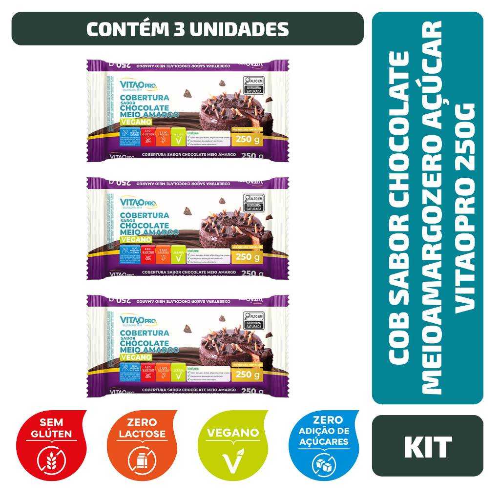 Cobertura Meio Amargo Zero Açúcar Vitaopro 250g: 3 Unidades