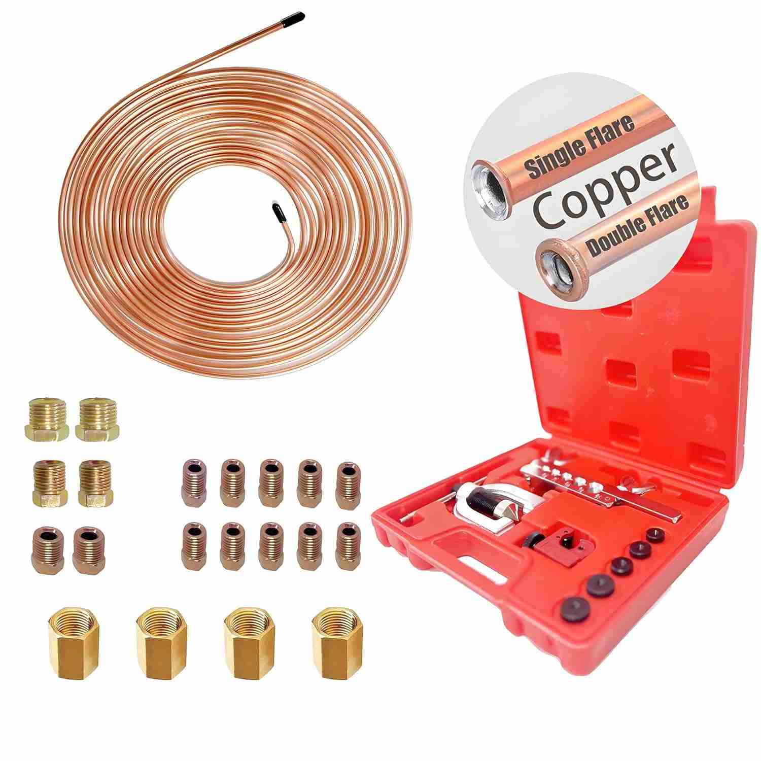 Kit Completo Ferramentas Alargamento Linha Freio Dupla/Única - 5 Tamanhos + Cortador + Tubo Cobre 6m