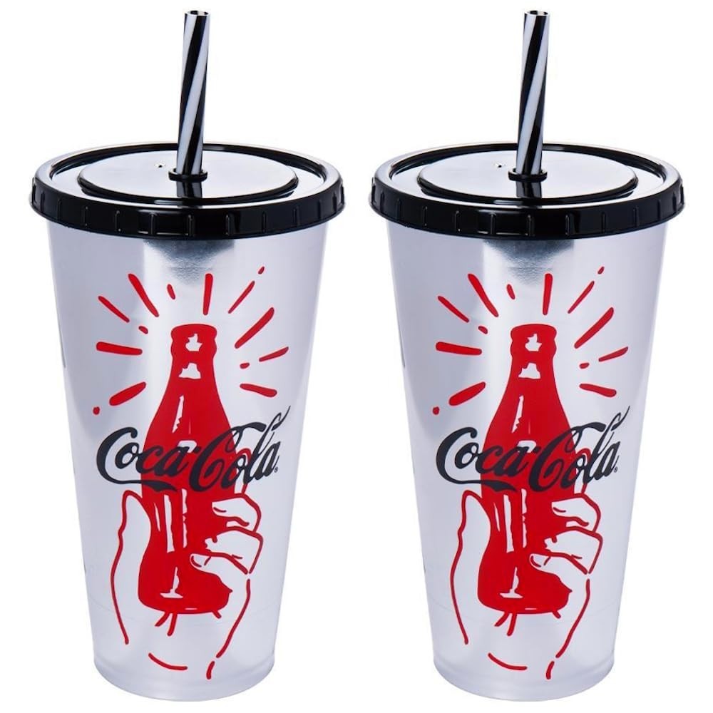 Kit com 2 Copos Coca-Cola 700ml Estampado Prateado Original com Tampa e Canudo