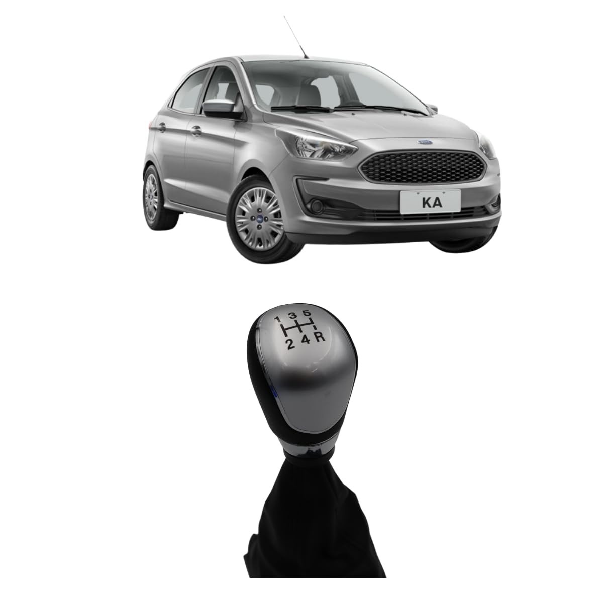 Manopla e Coifa Câmbio Esférica Prata para Novo Ford Ka 2015-2020 (5 Marchas)