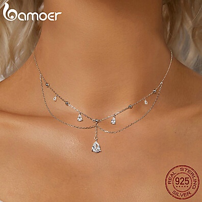 Colar Bamoer 925 Gotas – Elegância em Prata para Mulheres