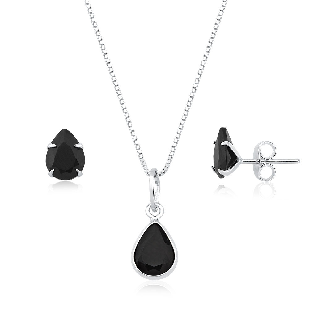 Colar e Brinco Gota Prata 925: Elegância em Preto