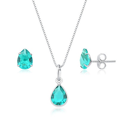 Colar e Brinco Gota Prata 925 Verde Água: Elegância!