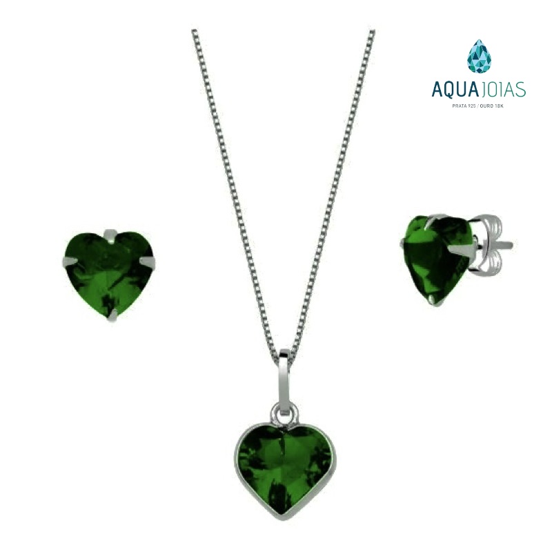 Colar e Brinco Prata 925 Coração Esmeralda: Elegância!