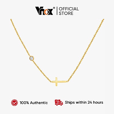 Colar Vnox Zircon Cross Birthstone - Elegância em Ouro e Aço