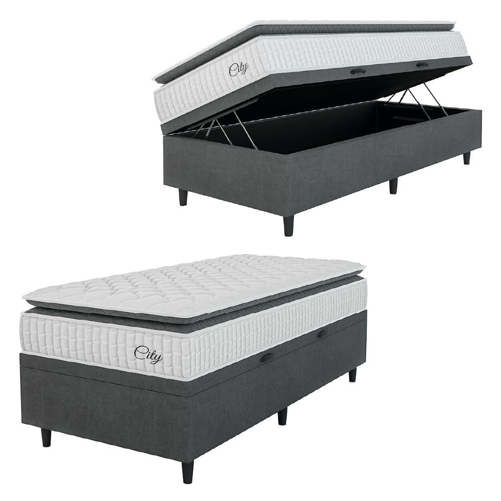 Cama Box Baú com Colchão Solteiro Molas Ensacadas City Pillow Top 88x188x64cm Hellen - Conforto e Estilo para seu Quarto