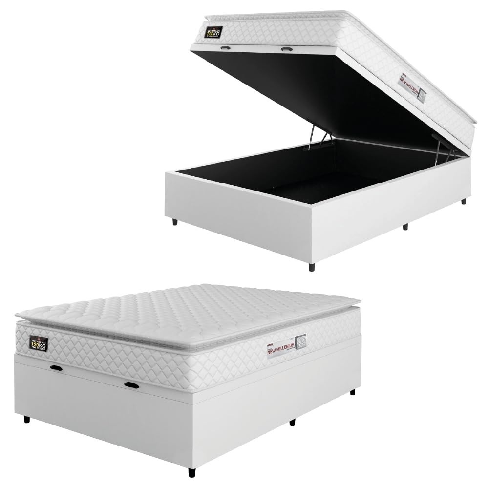 Cama Box Baú com Colchão Casal 138x188cm - Espuma D33 Pillow Top New Millenium | Até 120kg/pessoa