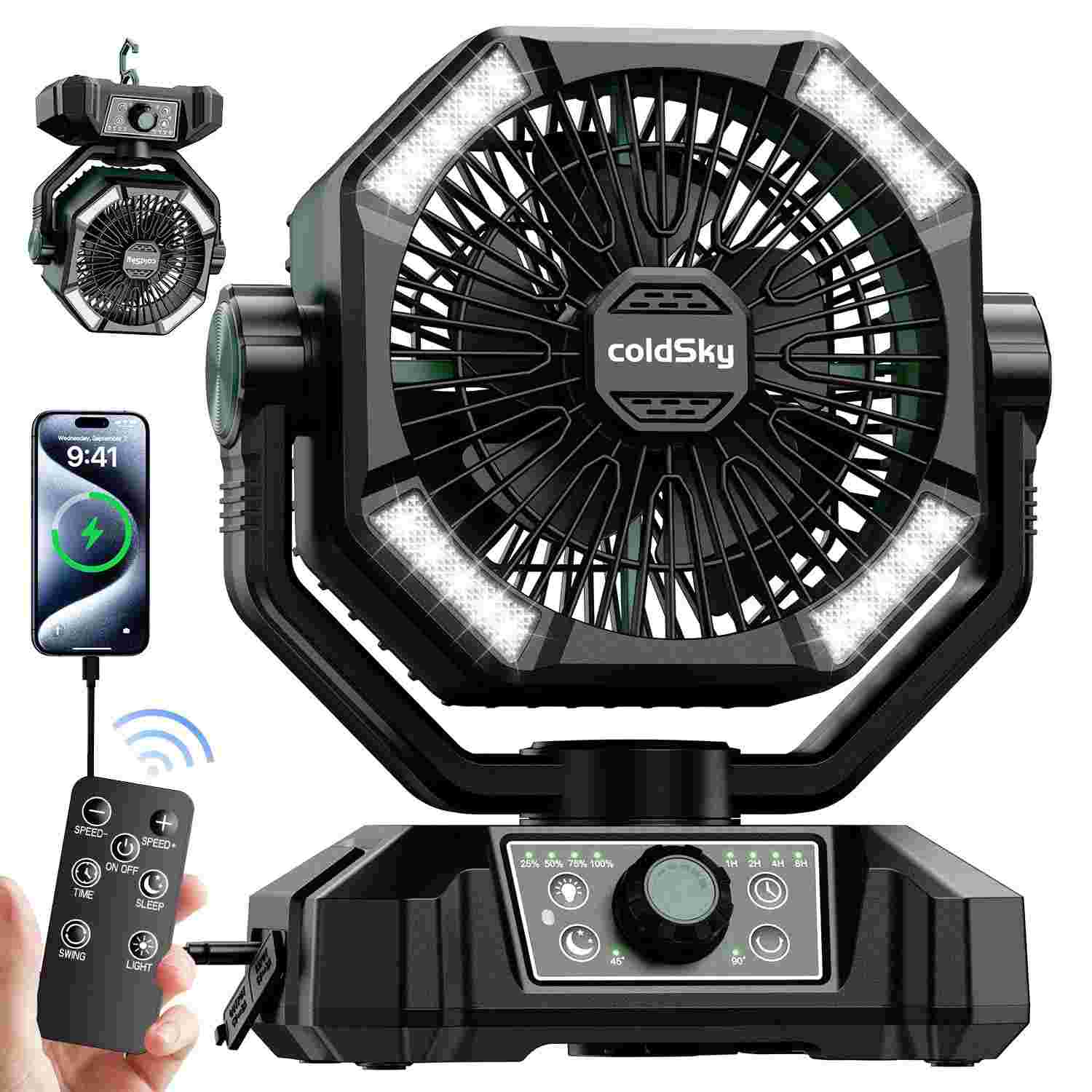 Ventilador ColdSky 20000mAh com Motores Duplos, 8 Velocidades, 4 LEDs e Controle Remoto - Ideal para Acampamento e Emergências