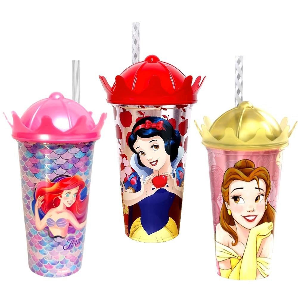 Coleção 3 Copos 500ml com Canudo e Coroa - Princesas Pequena Sereia, Bela e Branca de Neve