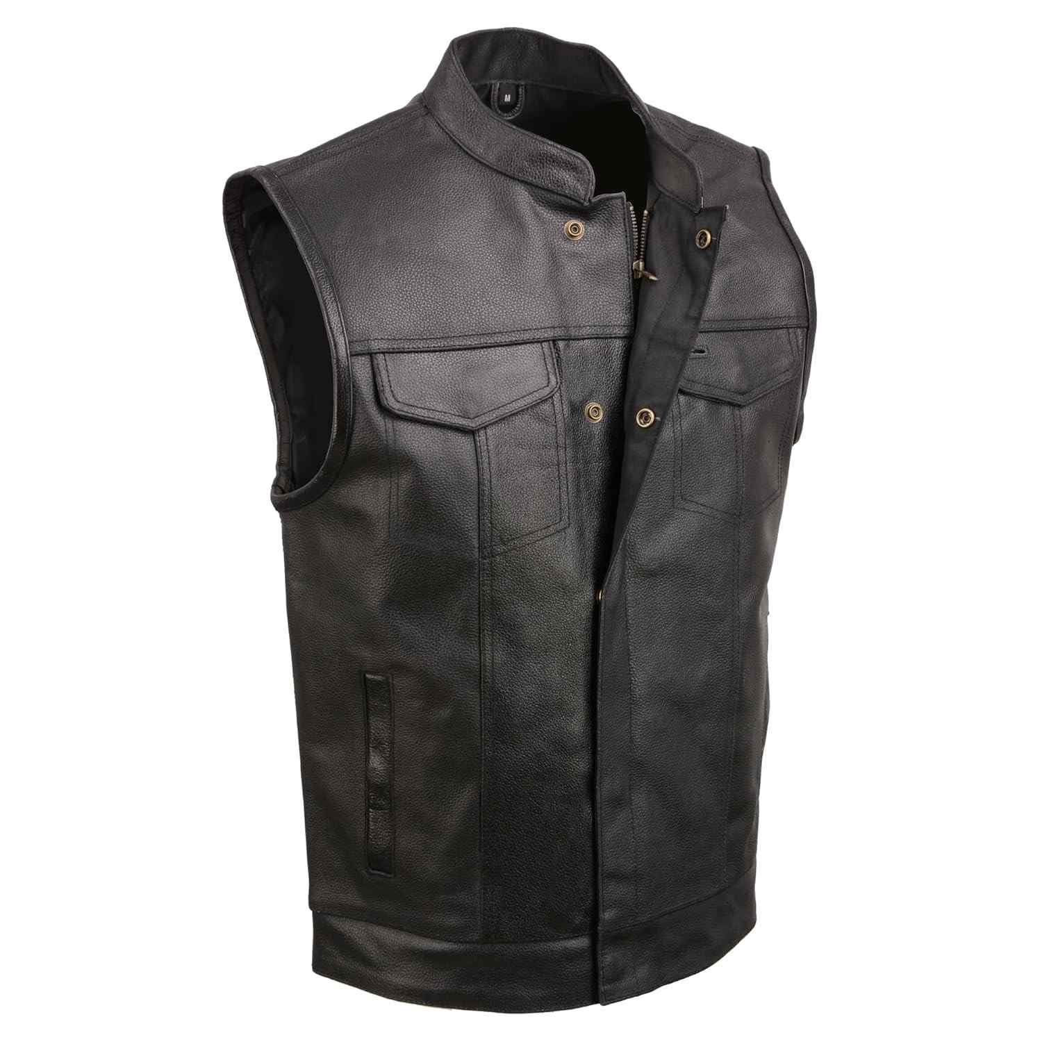 EVENT LEATHER Colete masculino de couro para motociclista/fecho de pressão com 2 bolsos internos para arma, painel único nas costas, Preto, 5G