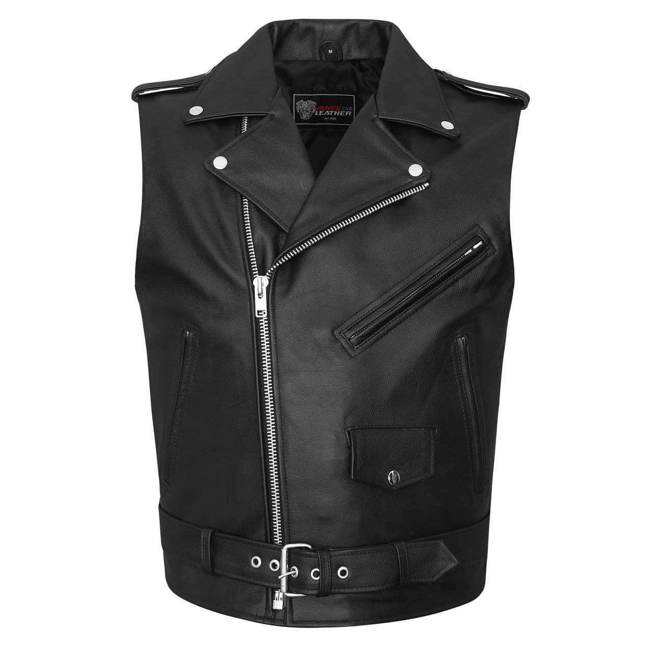 Colete masculino de couro premium clássico para motociclista lateral lisa e cintura com cinto, preto, GG