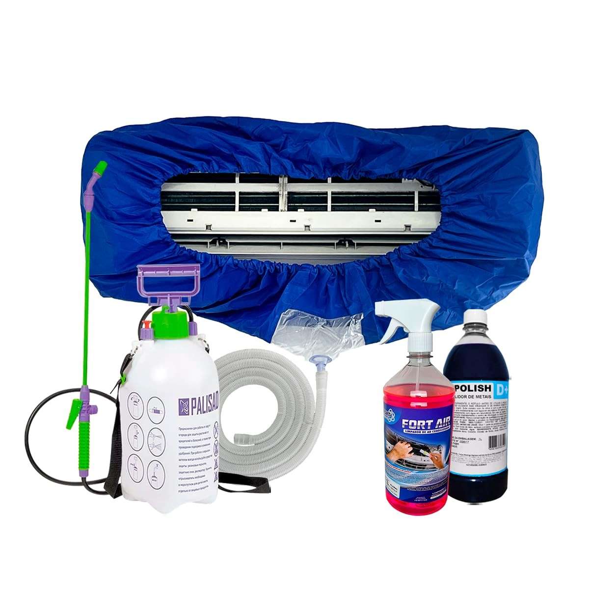 Kit Completo para Limpeza de Ar Condicionado: Bolsa Coletora + Bactericida + Pulverizador + Limpa Alumínio