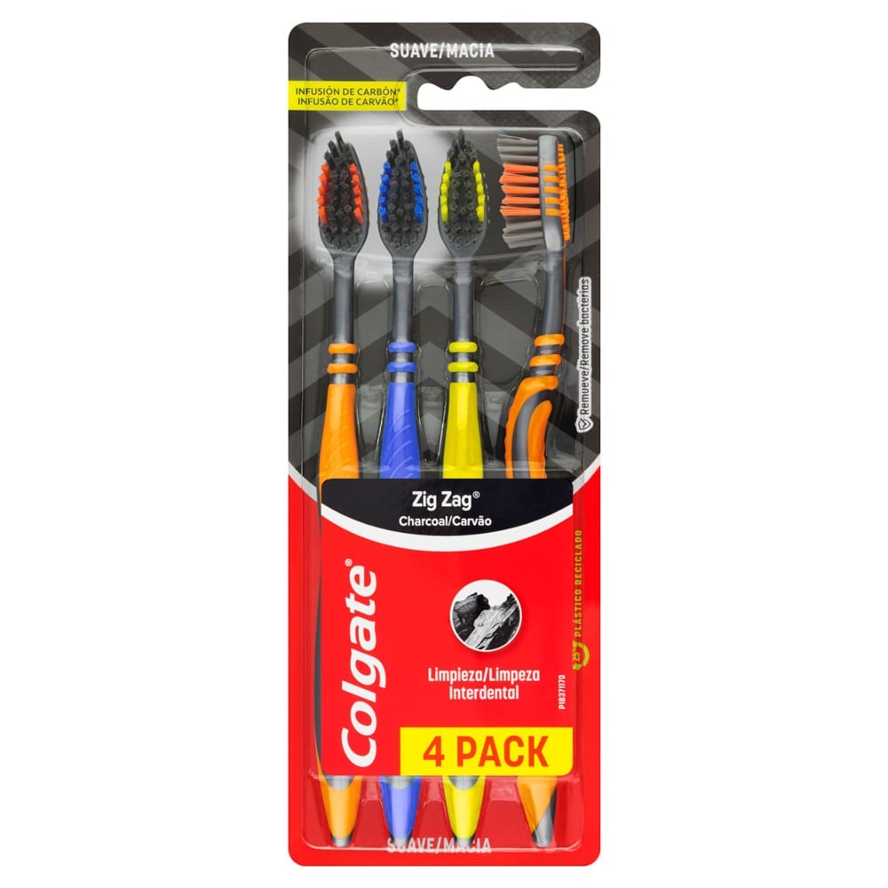 Colgate Zig Zag Carvão: Escova Dental Macia 4 Unidades