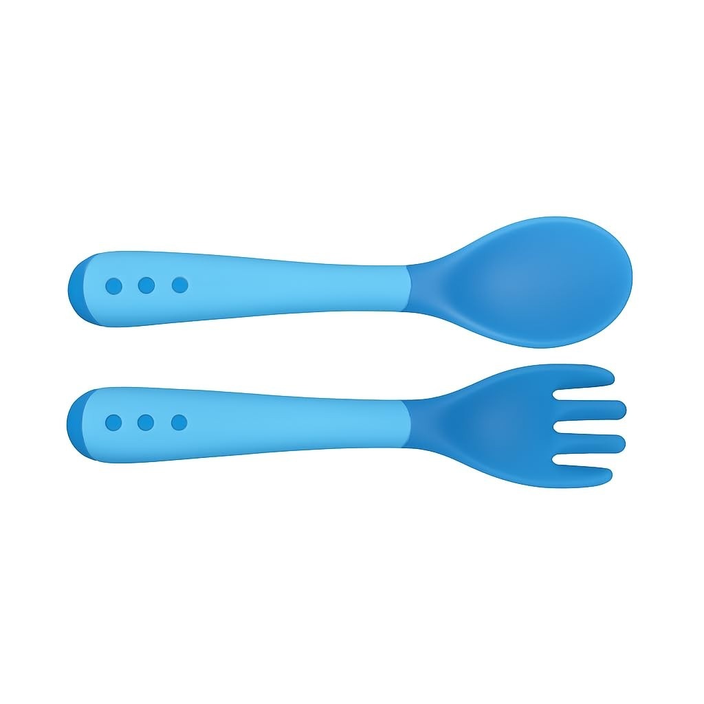 Talheres Infantis Silicone Termossensível Azul - Kit Colher e Garfo Seguros para Bebês