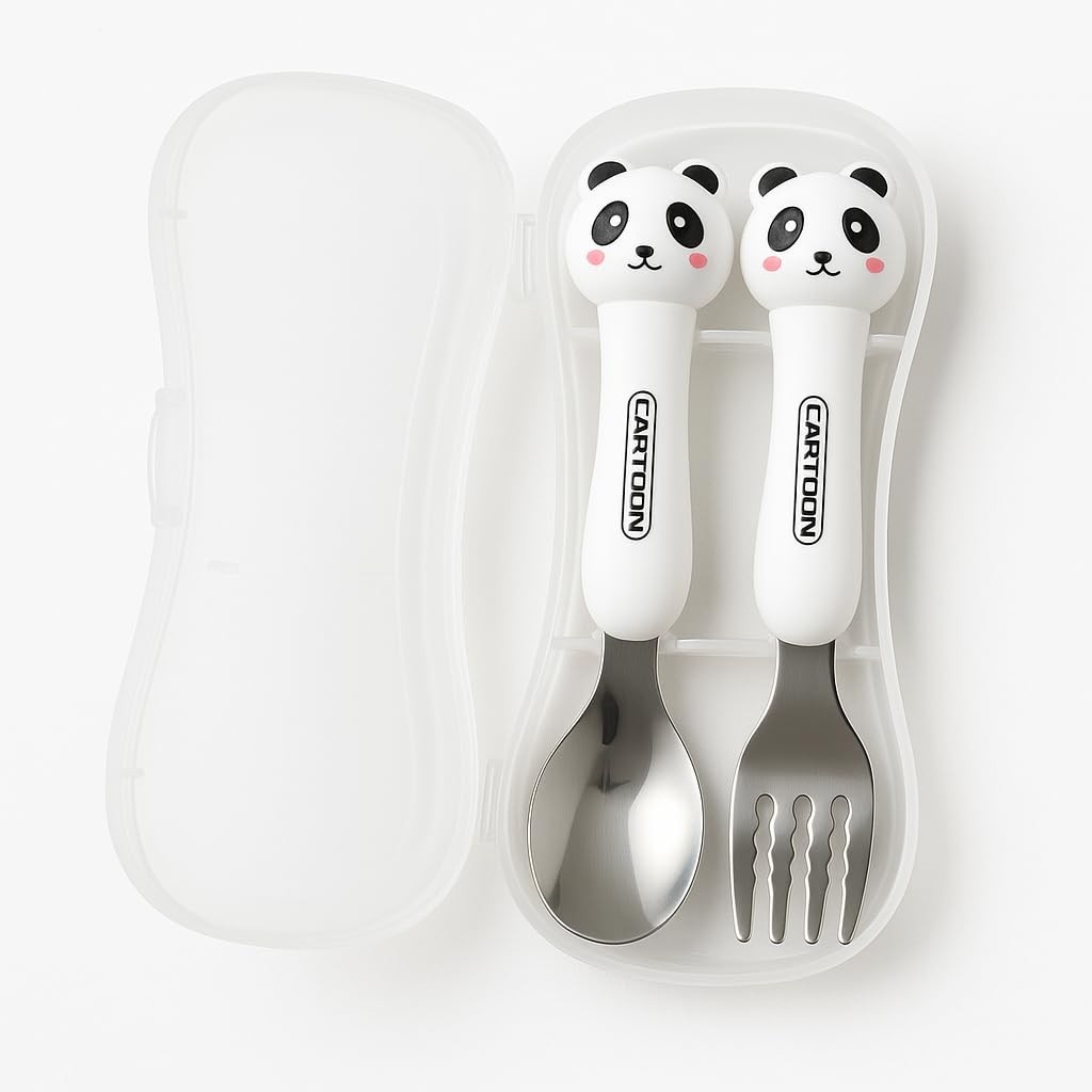 Conjunto de Talheres Infantis com Estojo em Inox - Tema Panda | Garfo e Colher para Lancheira