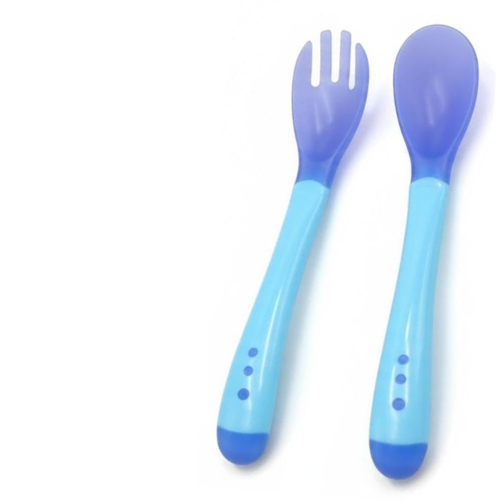 Jogo Colher e Garfo Infantil Termossensível Azul - Talheres de Silicone que Mudam de Cor com a Temperatura