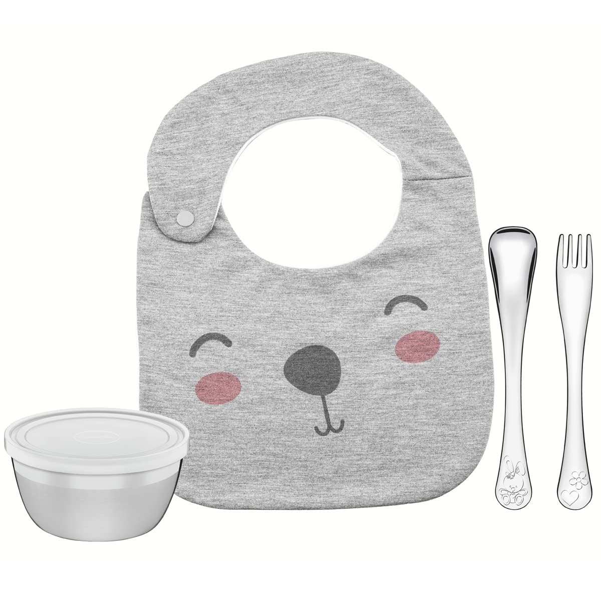 Conjunto Infantil 4 Peças Le Petit Tramontina - Colher Aço Inox + Babador Macio