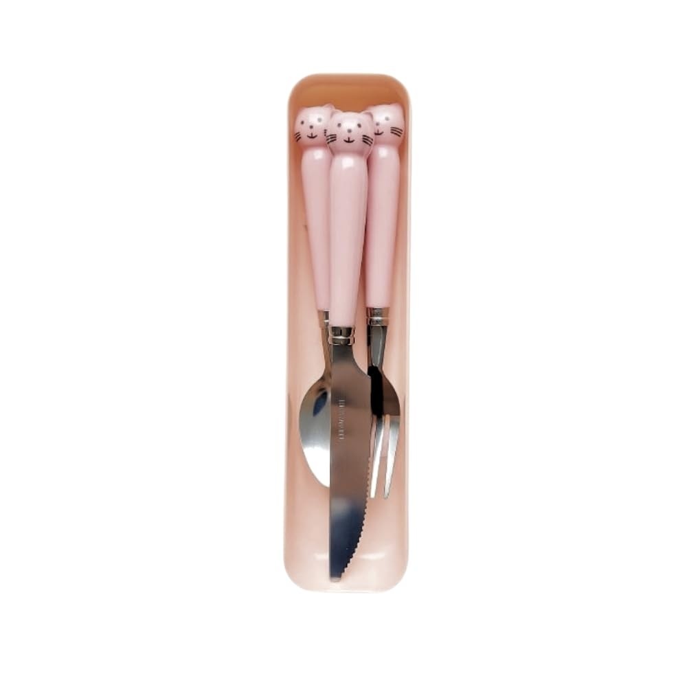 Conjunto de Talheres Infantil com Estojo Rosa - Colher, Garfo e Faca Segura em Aço Inox