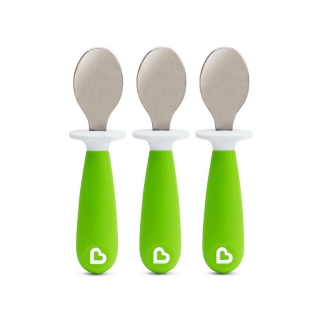 Munchkin Conjunto de 3 Colheres de Inox Ergonômicas para Bebês - Design Infantil Verde