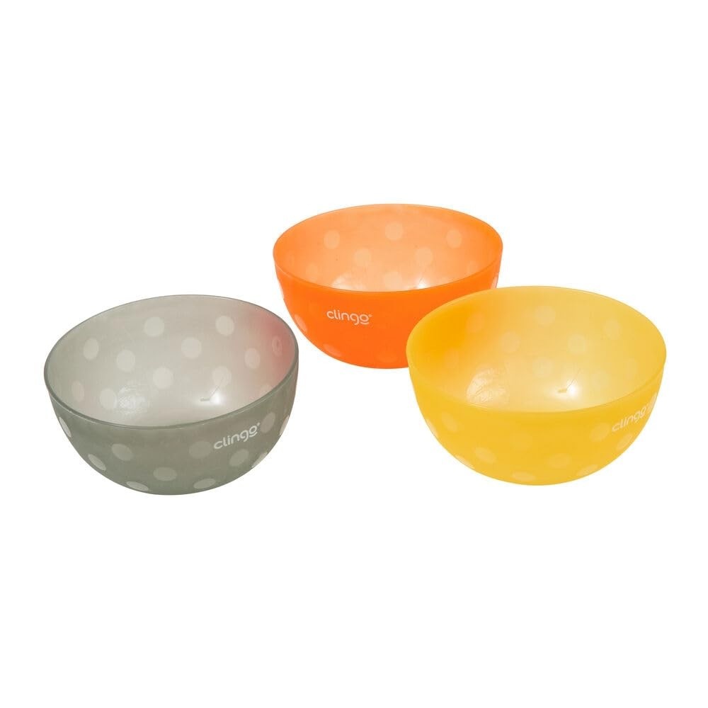 Kit 3 Tigelas Infantis Coloridas com Estampa de Bolinhas - Amarelo, Cinza e Laranja