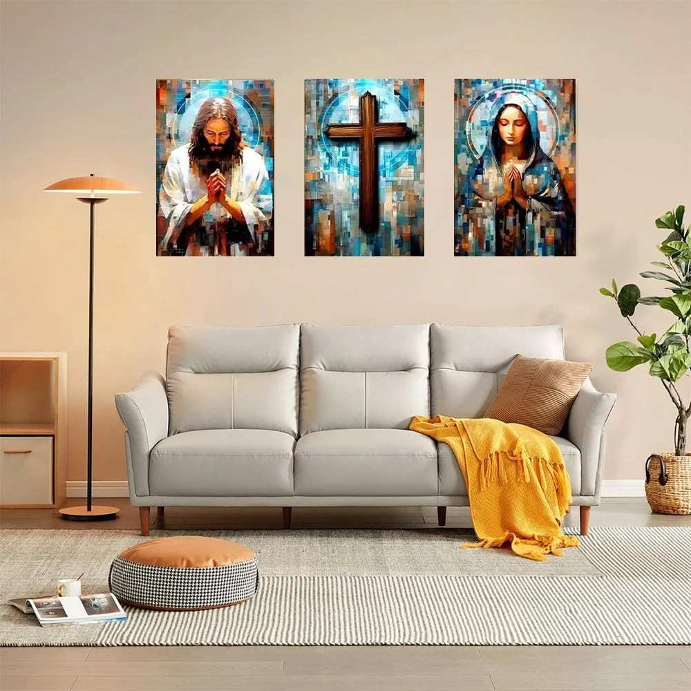 Tríptico Religioso em Mosaico Colorido - Jesus, Cruz e Maria 30,5x45,7cm | Arte de Parede Católica com Inspiração Espiritual