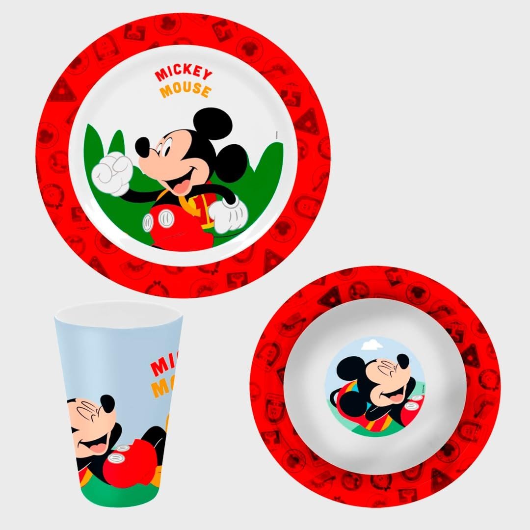 Jogo Infantil de Melamine com 3 Peças Mickey Mouse 22cm - Seguro, Colorido e Divertido