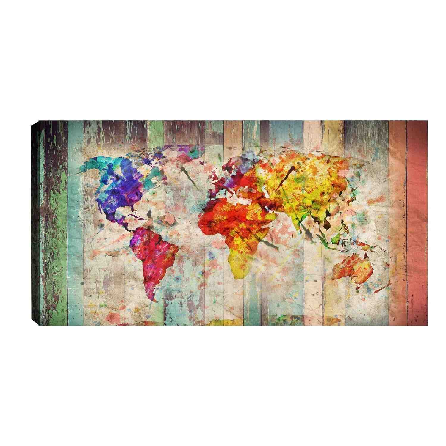 Quadro Decorativo Mapa Mundi Colorido Amarelo 55x100cm - Decore com Estilo e Personalidade
