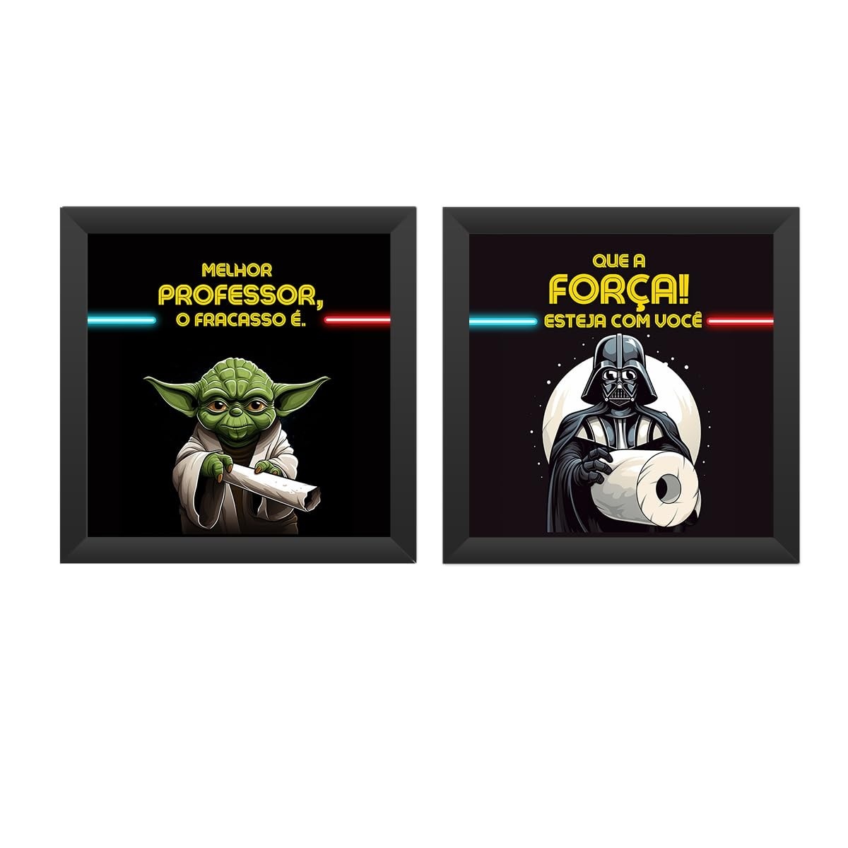 Kit 2 Quadros 18x18cm com Moldura e Vidro - Decoração Banheiro e Lavabo - Tema Star Wars (Yoda e Darth Vader)