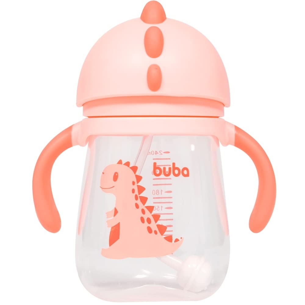 Buba Copo Dino Com Alça Rosa - 240ml com Bico em Silicone e Sistema Anti-Gases