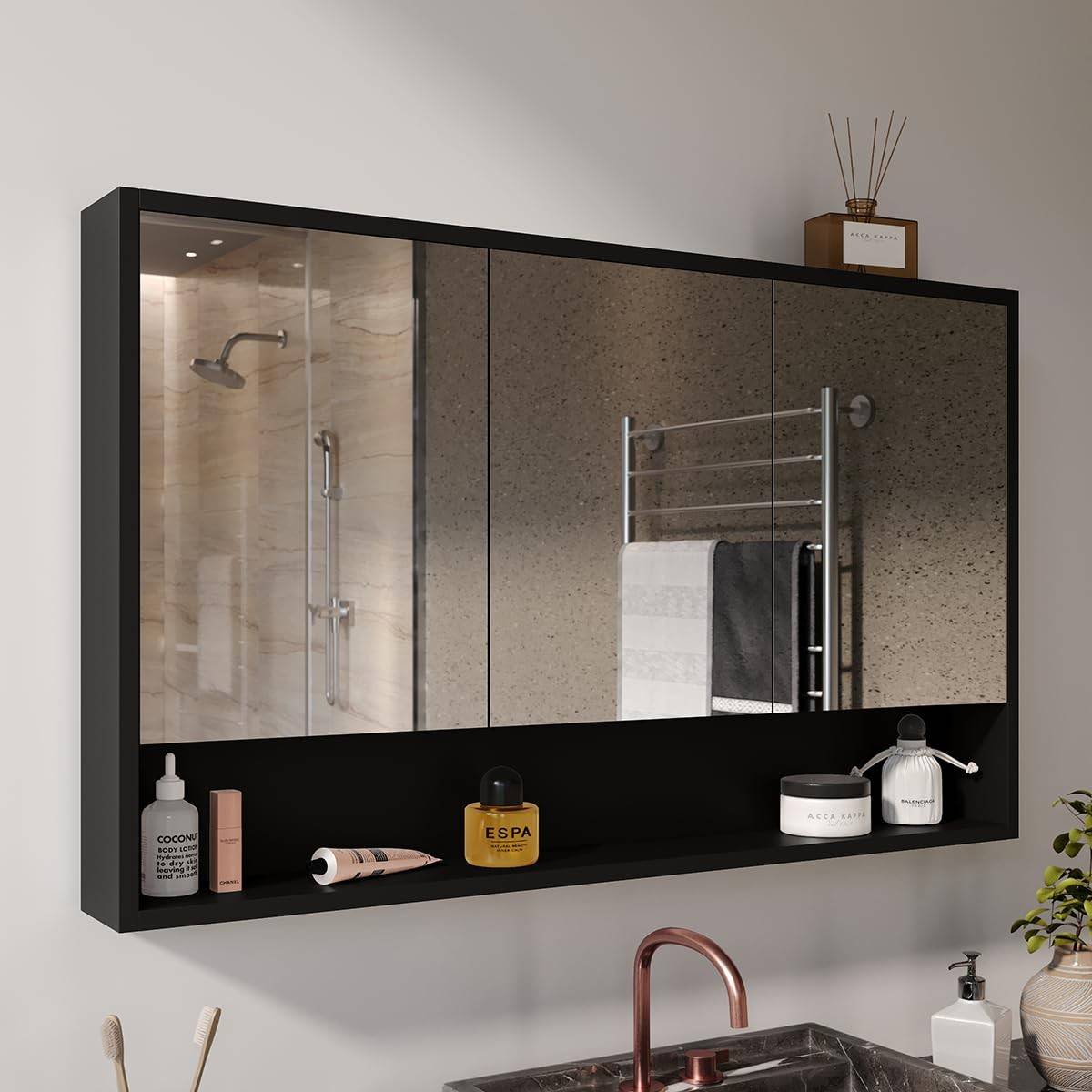 Armário de Banheiro com 3 Portas Espelhadas e Amortecedores Hefesto (Preto) - Organize seu Espaço com Estilo