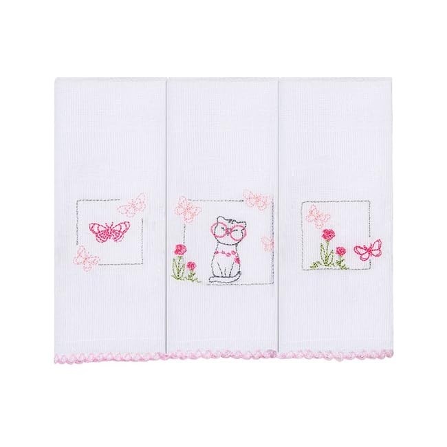 Fralda de Boca com Babete Bordado para Bebê - 3 Unidades 32x32cm | Papi Textil (Gatinha e Borboleta)