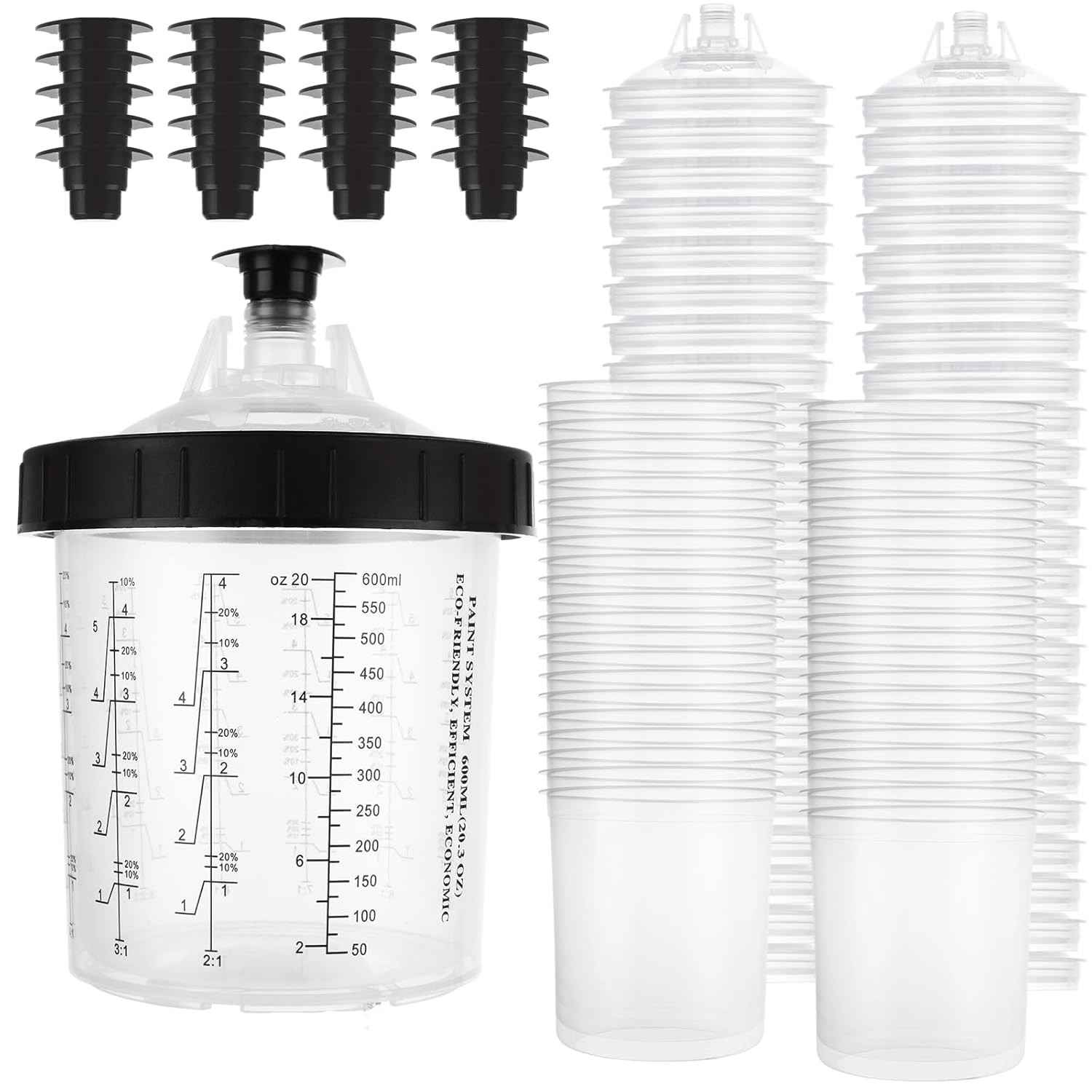 Kit com 50 Copos de Tinta 600ml para Pistolas de Pulverização - Sistema Completo com Tampa e Filtro 125 Mícrons