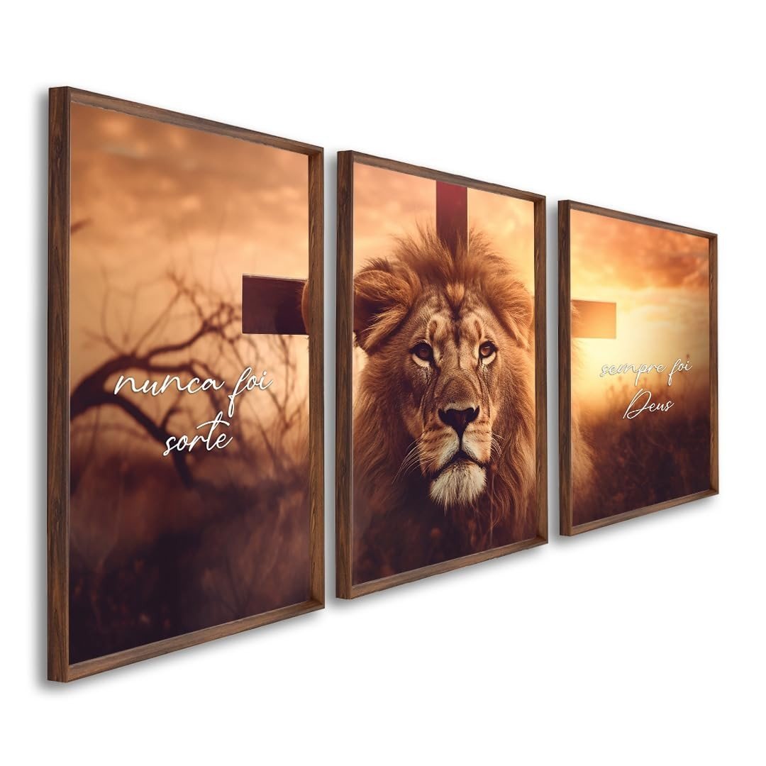 Quadro Decorativo Religioso Leão e Cruz - 3 Telas com Mensagem Inspiradora (60x90cm)