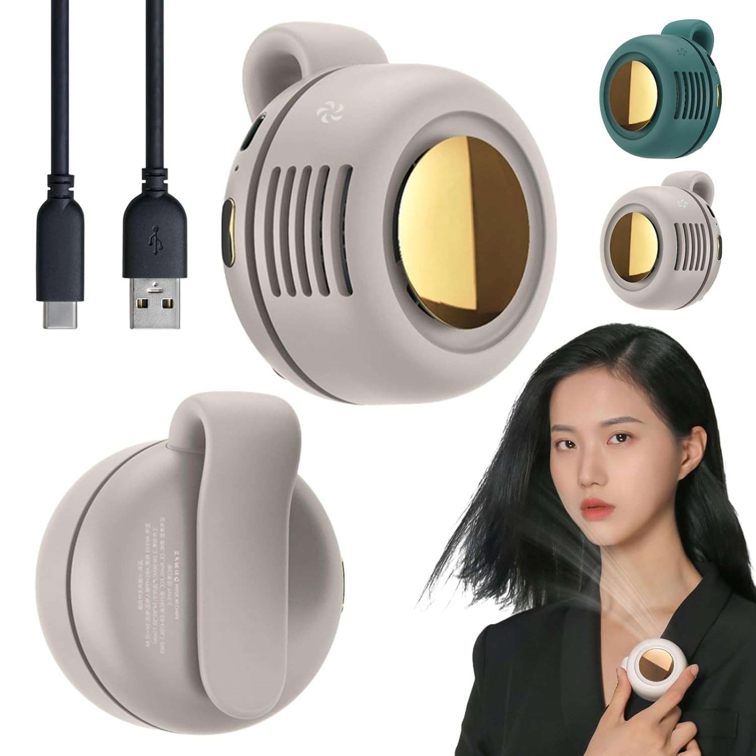 Mini Ventilador Silencioso Portátil Sem Pás com Clipe | 900 mAh USB-C Recarregável, Ventilador de Pescoço com 3 Velocidades e Fluxo Ajustável