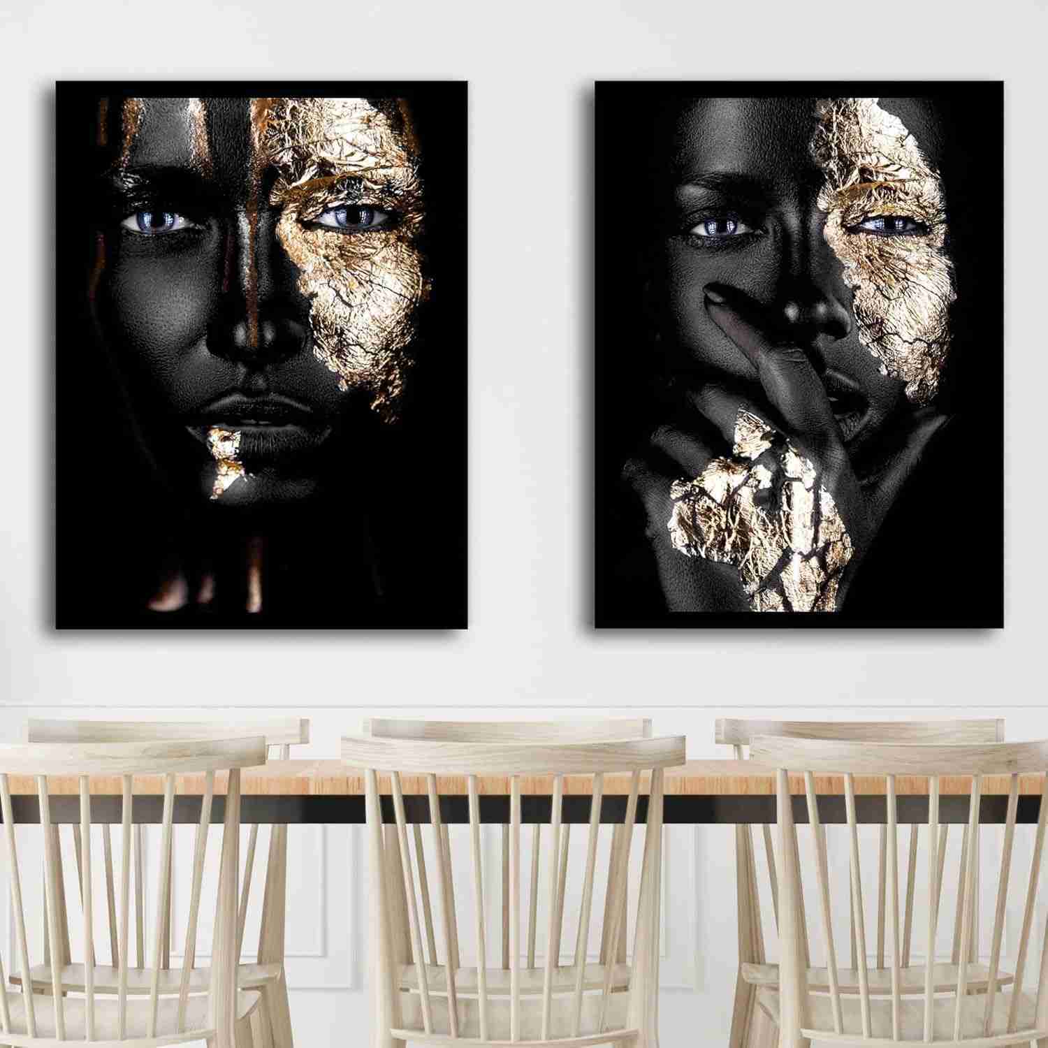 Dois Quadros Decorativos com Pintura de Mulher - 90x60cm | Moldura Preta em Madeira Pinus com Acabamento Premium