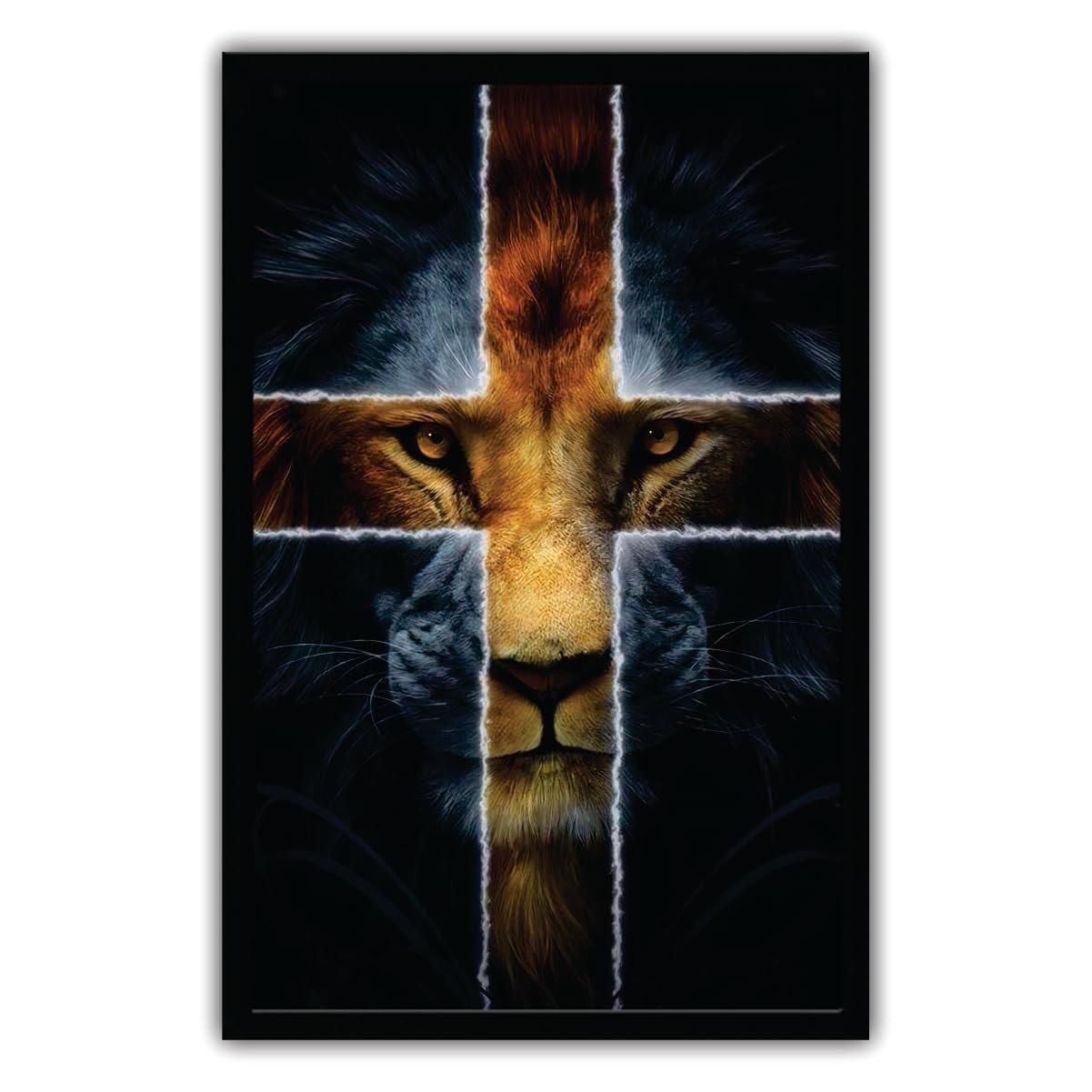 Quadro Decorativo 90x60 com Moldura de Madeira Pinus - Leão de Judá e Cruz de Cristo | Acabamento Premium Preto