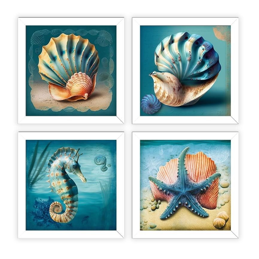 Kit 4 Quadros Oceano 18x18 cm com Moldura e Vidro - Decoração Banheiro e Lavabo