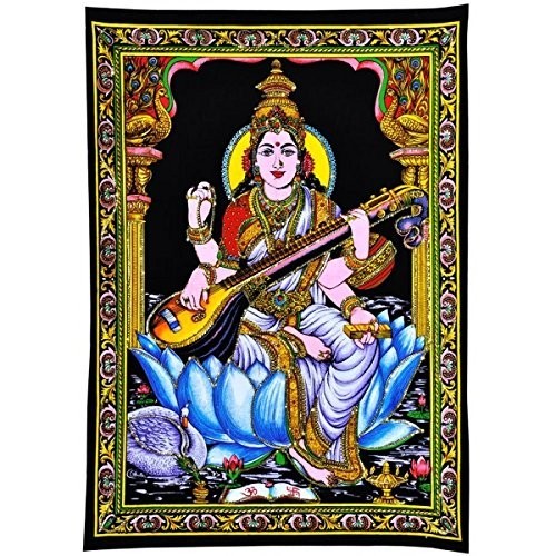 Kamalasna Devi Saraswati - Arte Sagrada em Tecido com Lantejoulas Brilhantes