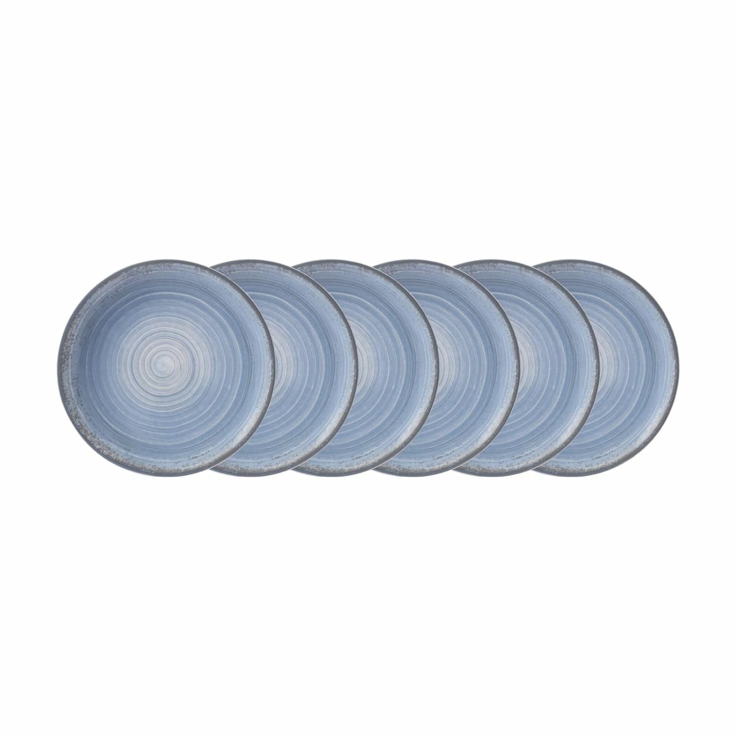 Estojo com 6 Pratos Rasos em Porcelana Schmidt - Modelo Redondo Oca com Decoração Esfera Azul Celeste