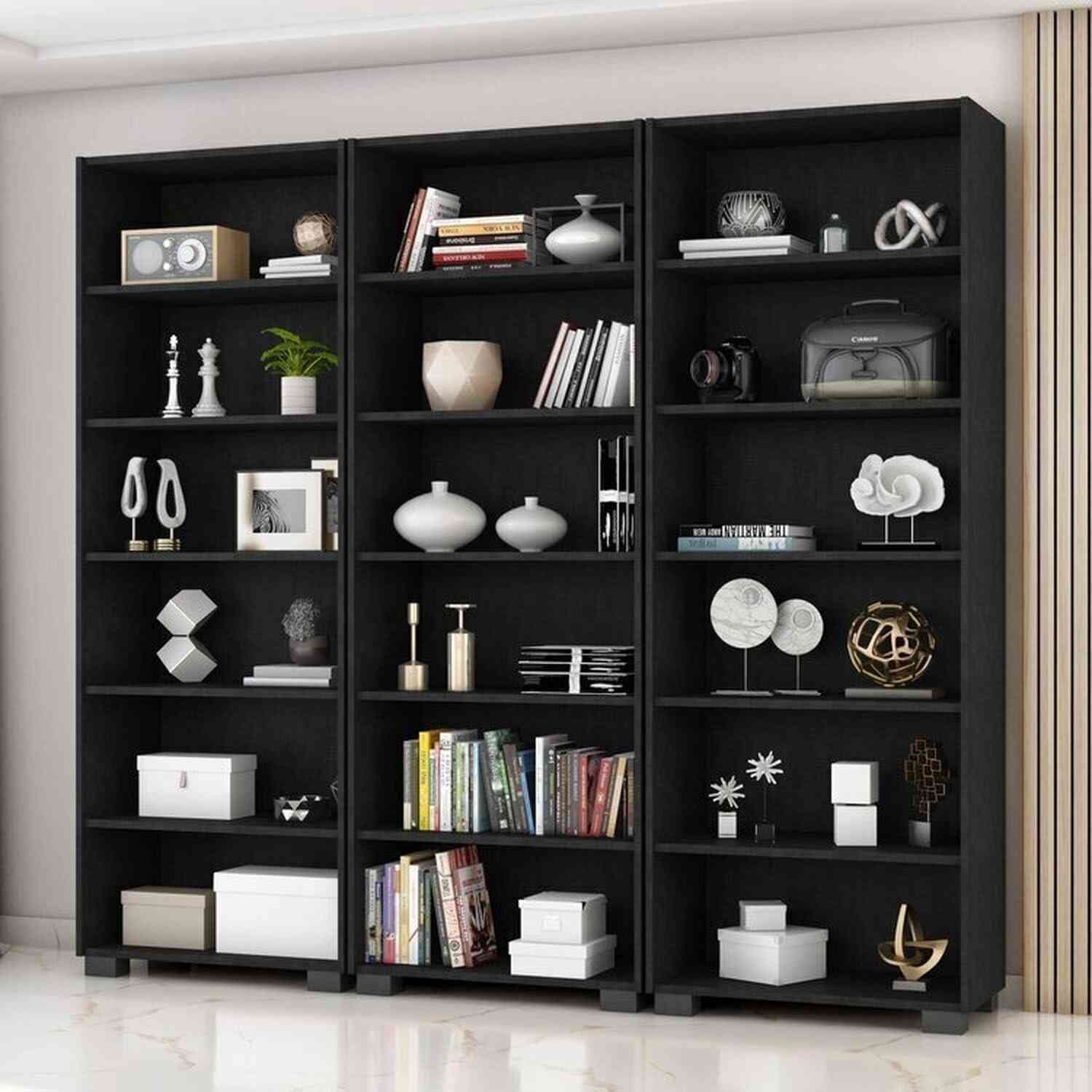 Kit 3 Estantes para Livros 5 Prateleiras 188cm Office Preto - Organize com Estilo